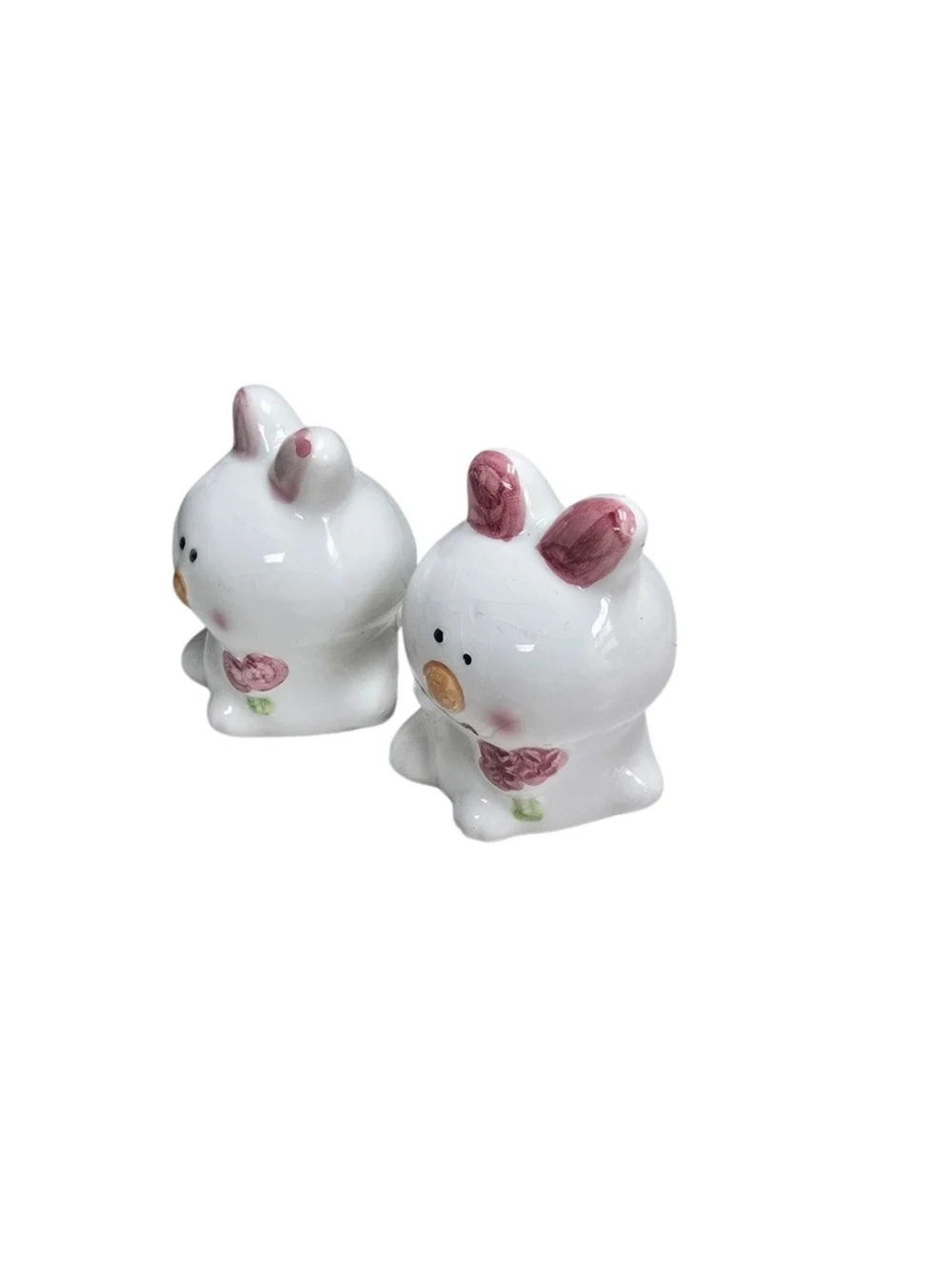 Vintage Ceramic Bunny Rabbit Salt & Pepper Shakers Pink Ears Easter Decor